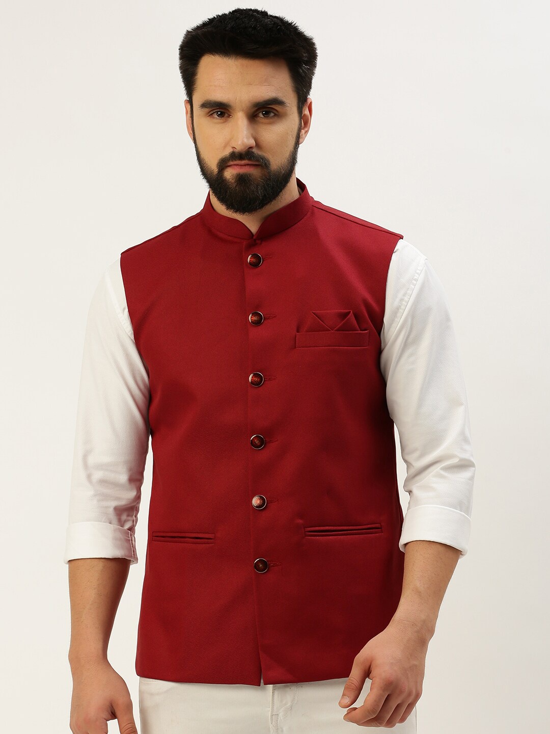 

SHOWOFF Mandarin Collar Nehru Jackets, Maroon