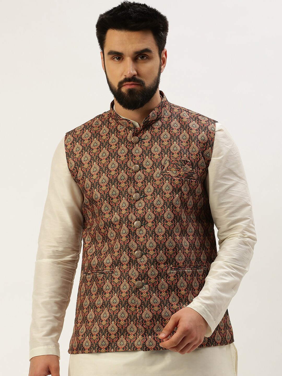 

SHOWOFF Ethnic Motif Printed Mandarin Collar Nehru Jackets, Black