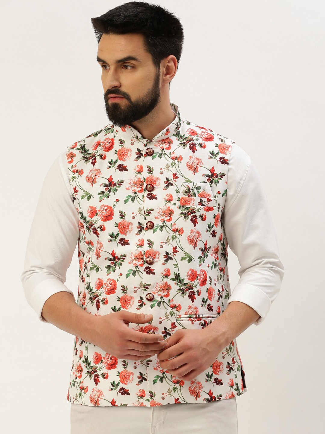 

SHOWOFF Mandarin Collar Floral Printed Nehru Jackets, White