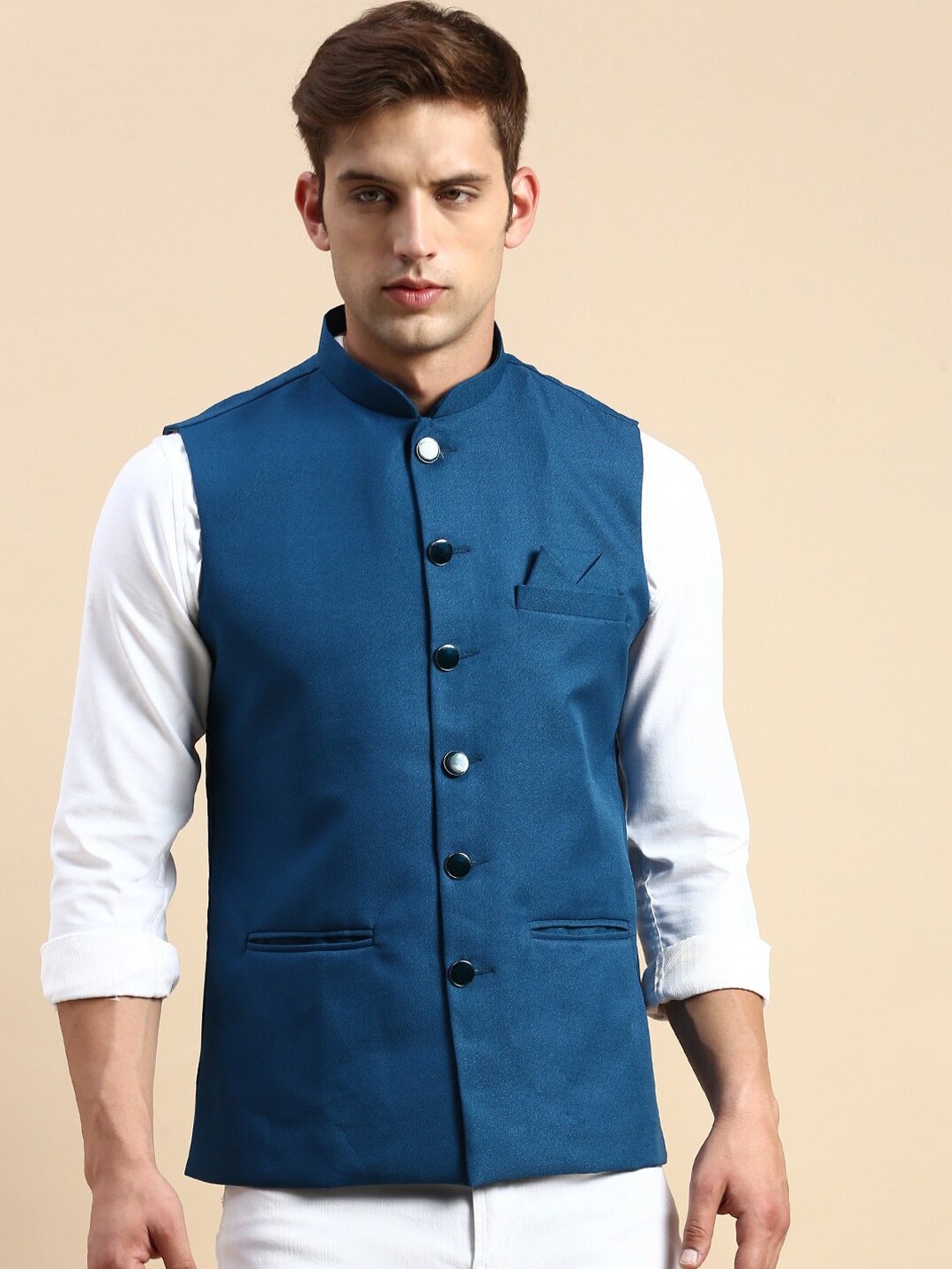 

SHOWOFF Mandarin Collar Nehru Jackets, Teal