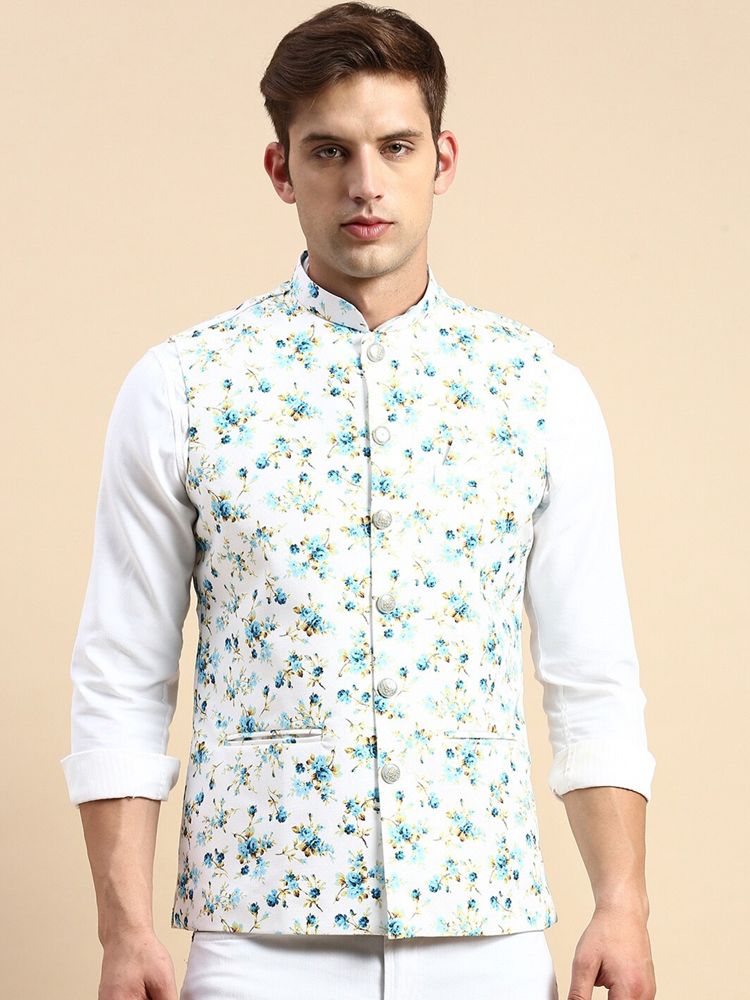 

SHOWOFF Floral Printed Mandarin Collar Nehru Jackets, White