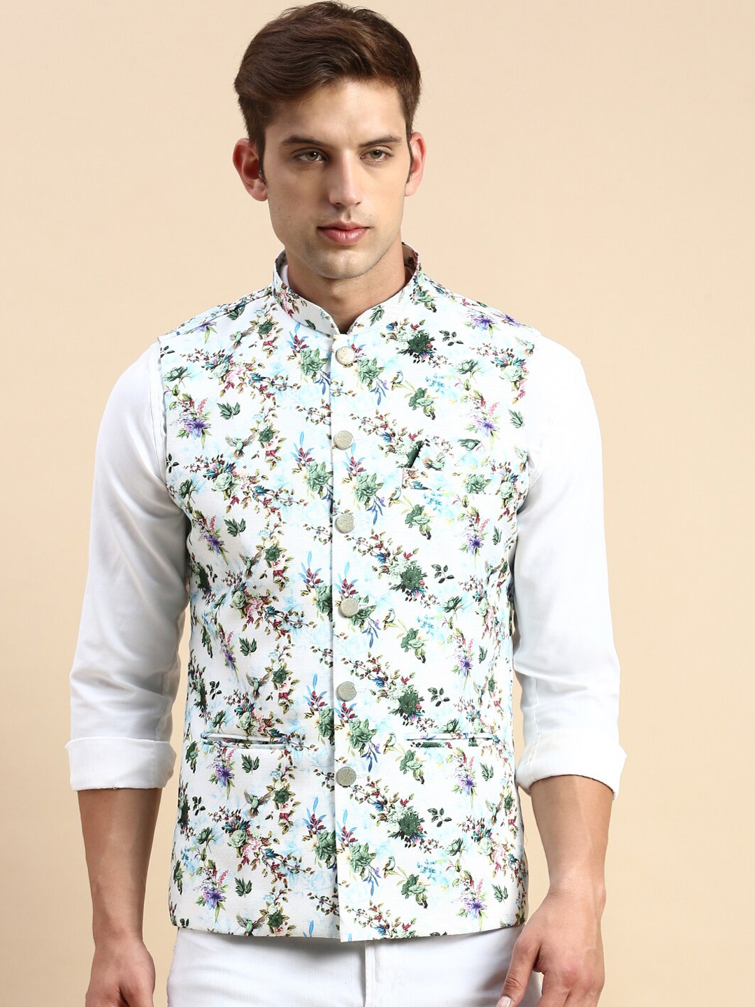 

SHOWOFF Floral Printed Mandarin Collar Nehru Jackets, White