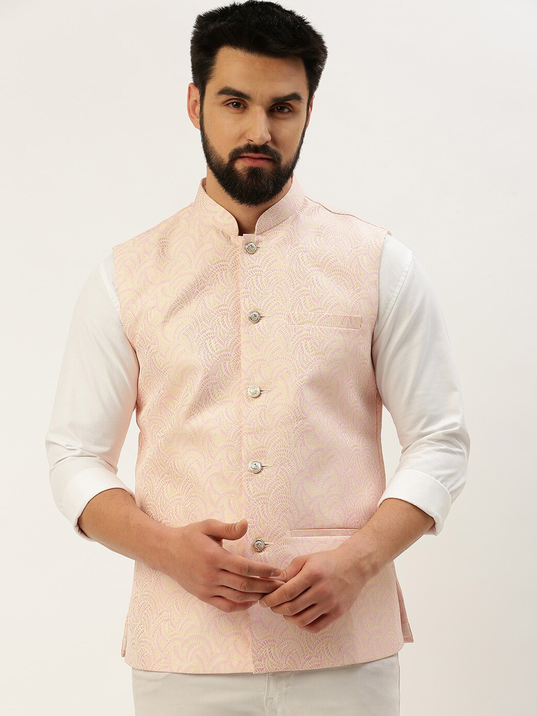 

SHOWOFF Ethnic Motif Woven Design Mandarin Collar Nehru Jackets, Pink
