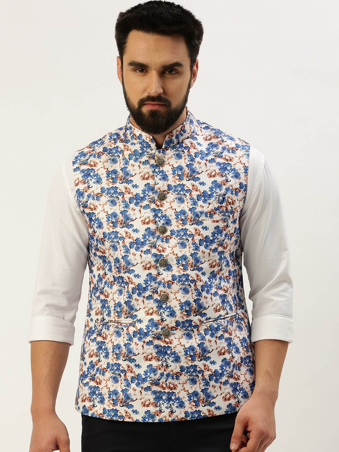

SHOWOFF Floral Printed Mandarin Collar Nehru Jackets, White