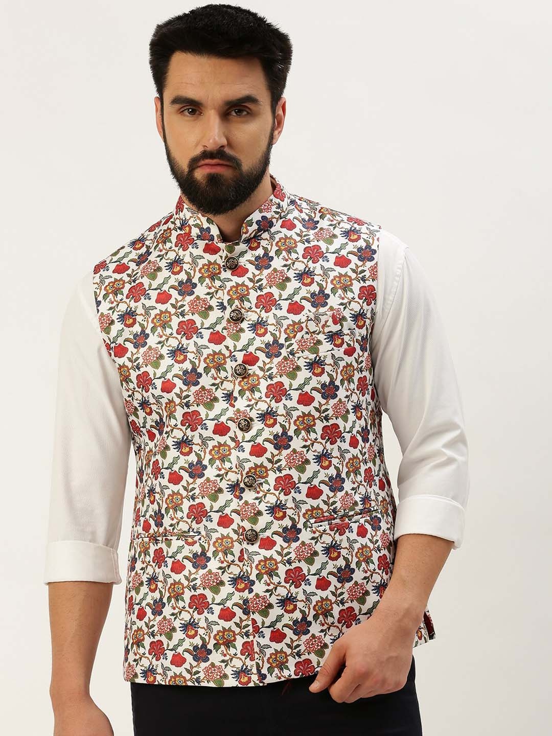 

SHOWOFF Floral Printed Nehru Jackets, White