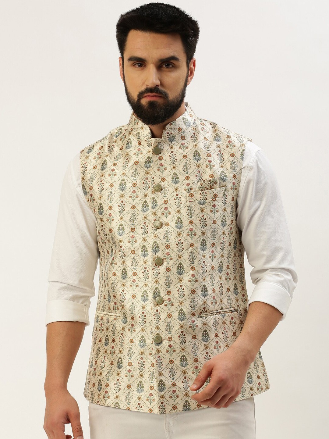 

SHOWOFF Floral Printed Nehru Jackets, Beige