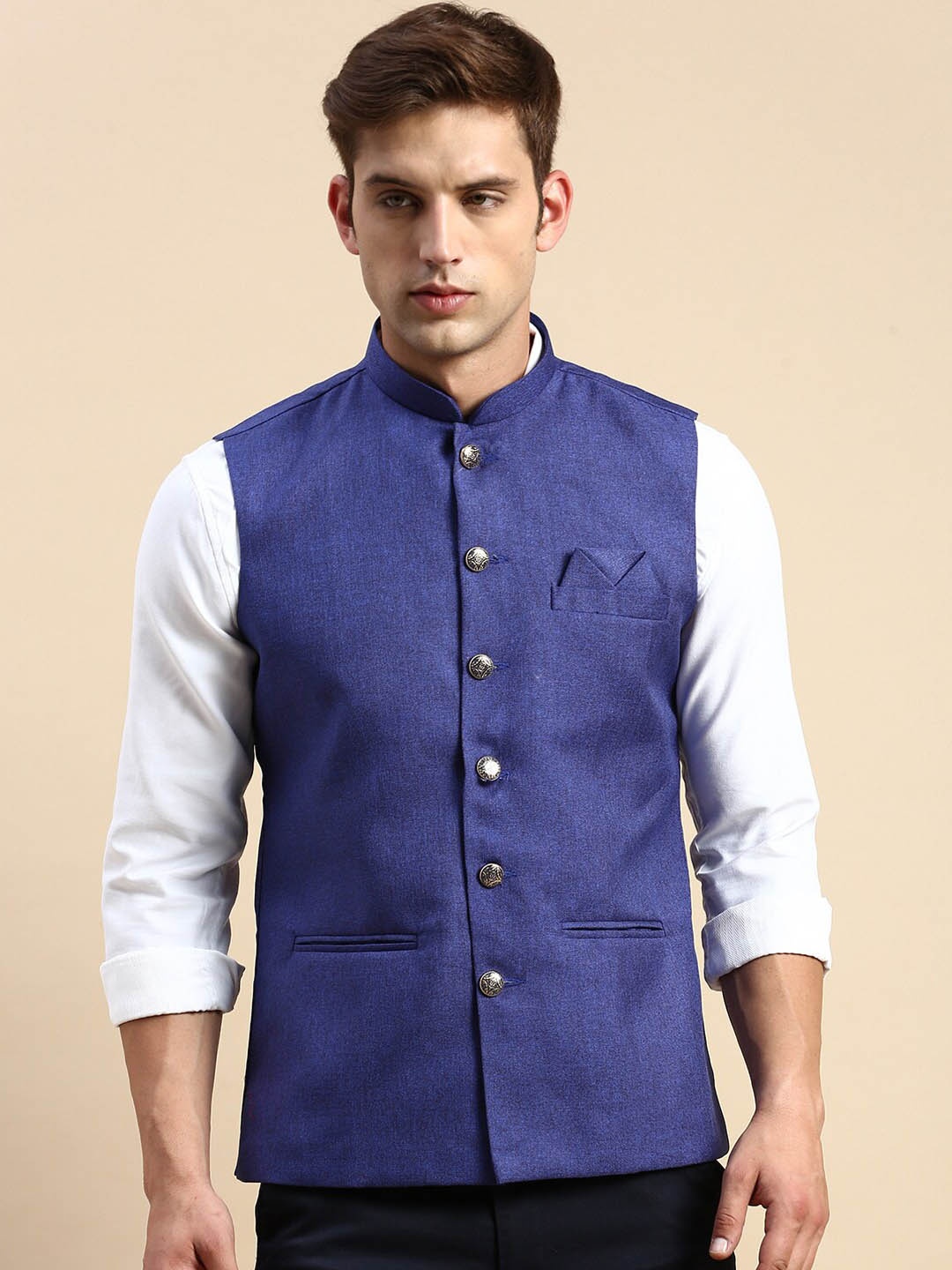 

SHOWOFF Mandarin Collar Nehru Jackets, Blue