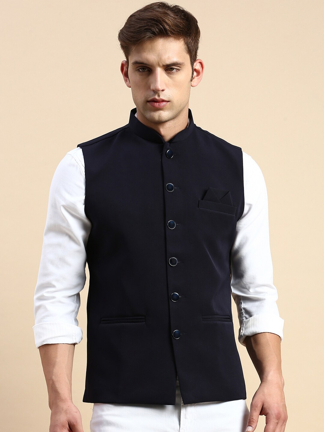 

SHOWOFF Mandarin Collar Nehru Jackets, Navy blue