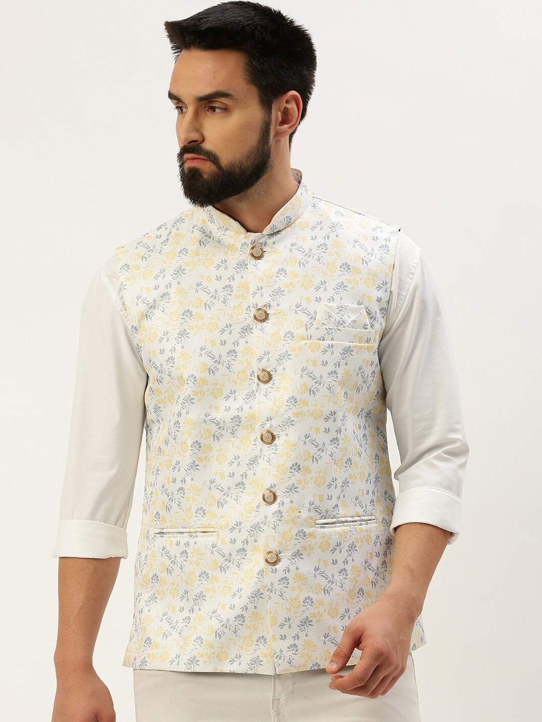 

SHOWOFF Floral Printed Nehru Jackets, White