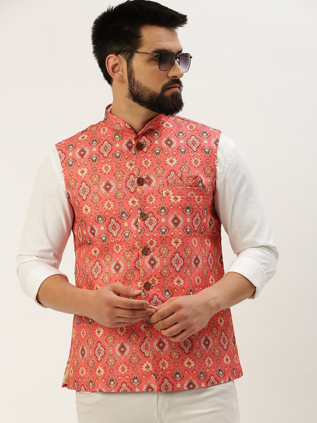 

SHOWOFF Ethinic Motif Printed Nehru Jackets, Coral