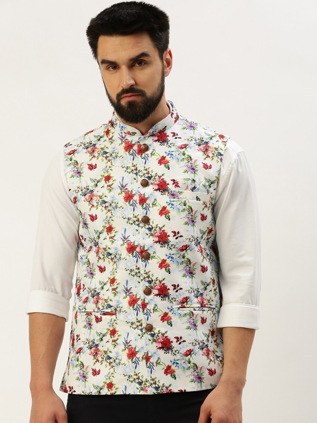 

SHOWOFF Floral Printed Nehru Jackets, White