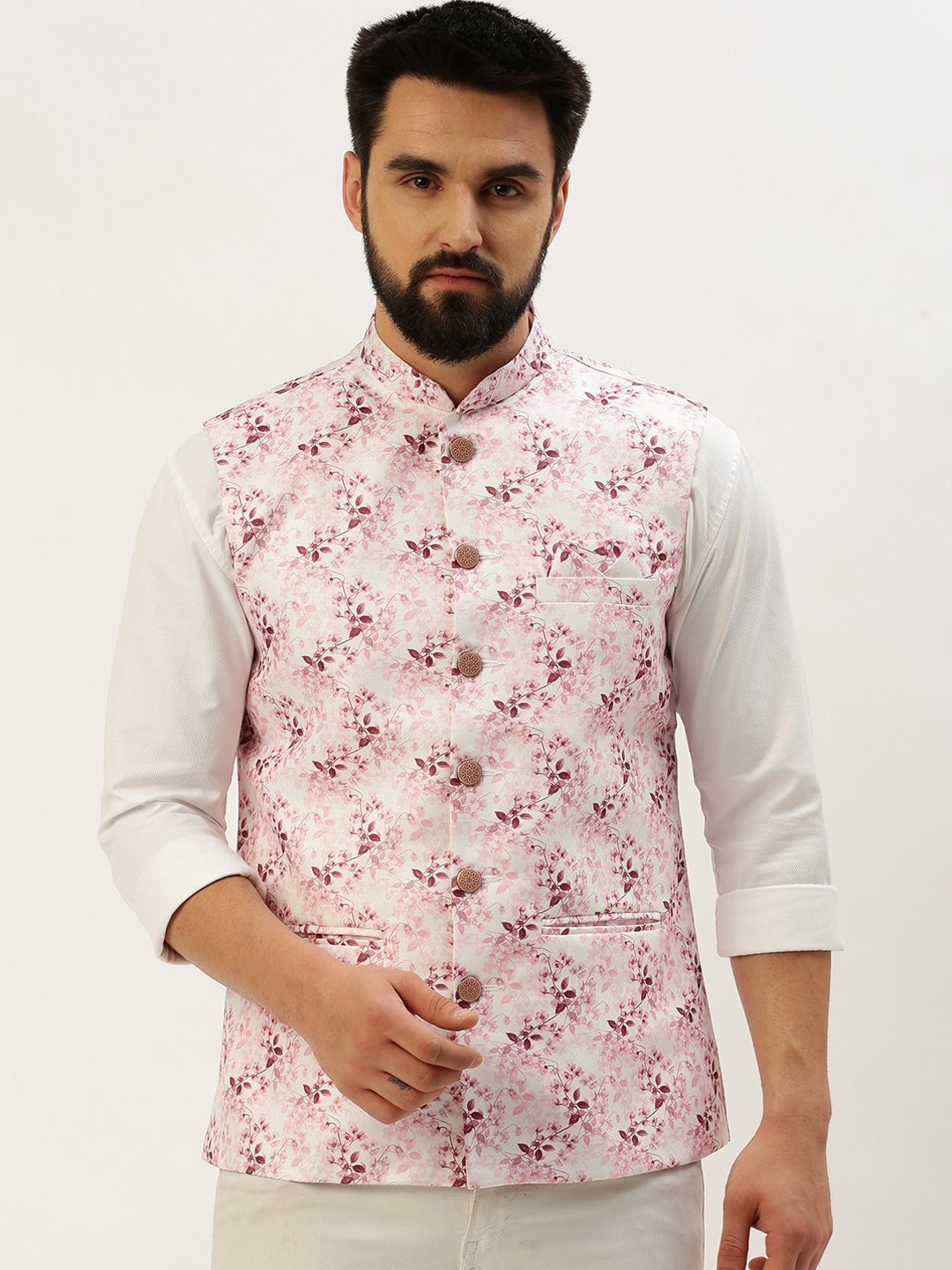 

SHOWOFF Floral Printed Nehru Jackets, Pink