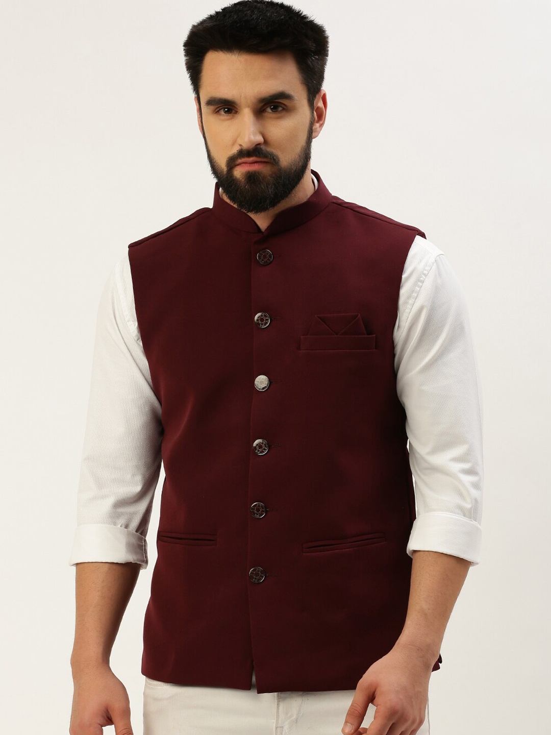 

SHOWOFF Mandarin Collar Nehru Jackets, Burgundy
