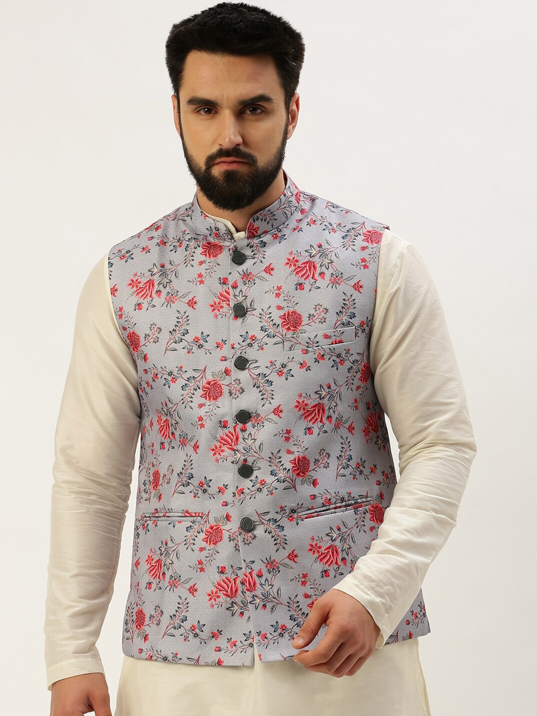 

SHOWOFF Floral Printed Nehru Jackets, Grey