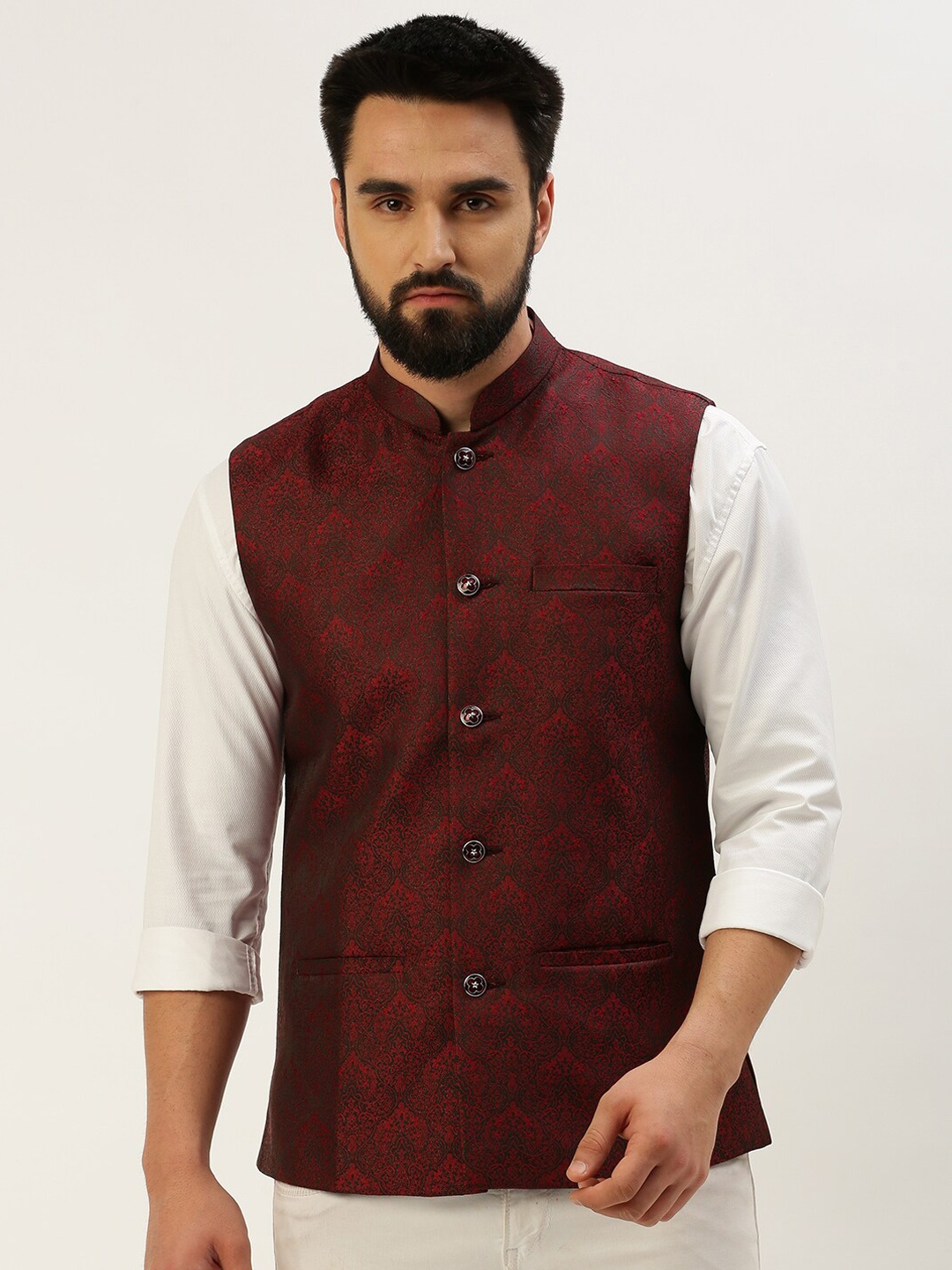 

SHOWOFF Ethnic Motif Woven Design Mandarin Collar Nehru Jackets, Maroon