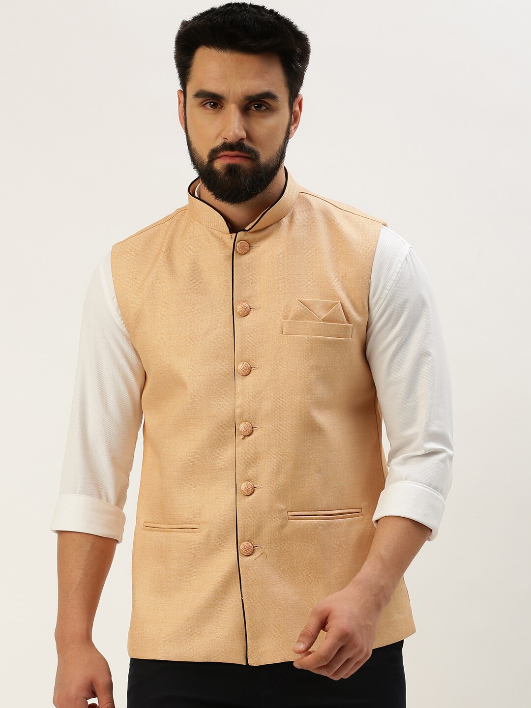 

SHOWOFF Mandarin Collar Nehru Jackets, Peach