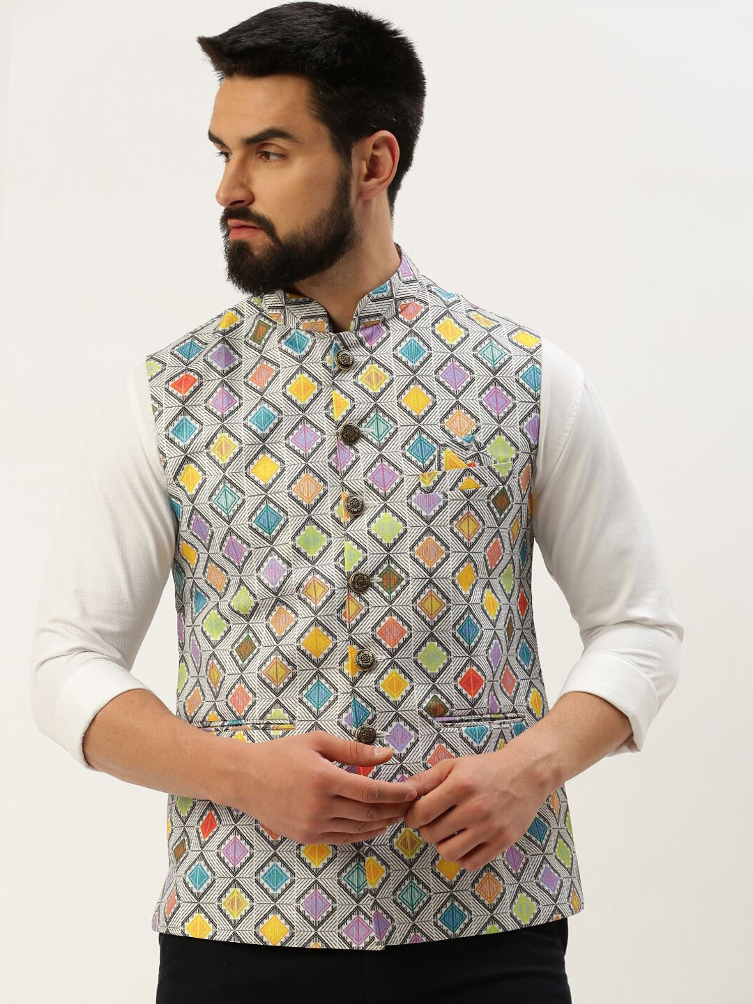 

SHOWOFF Geometric Printed Mandarin Collar Nehru Jackets, Multi