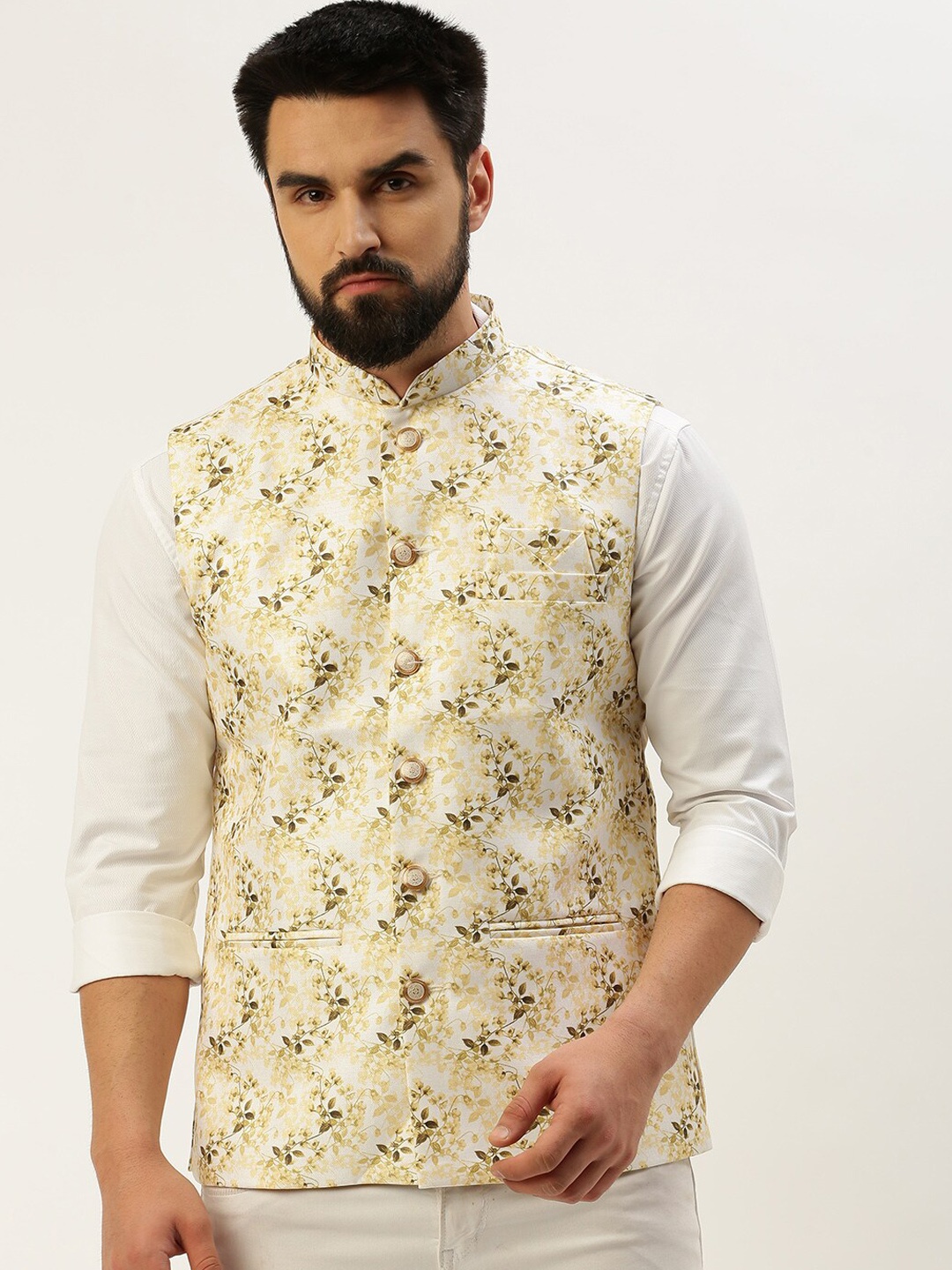 

SHOWOFF Floral Printed Mandarin Collar Nehru Jackets, White