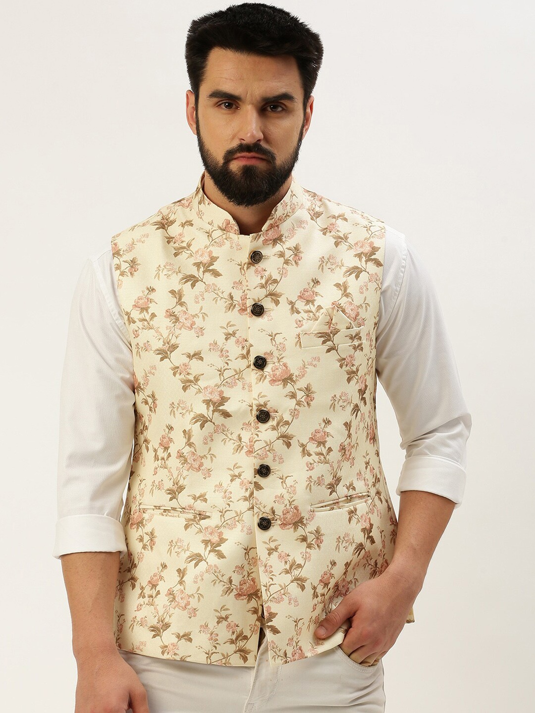 

SHOWOFF Floral Printed Mandarin Collar Nehru Jackets, Cream
