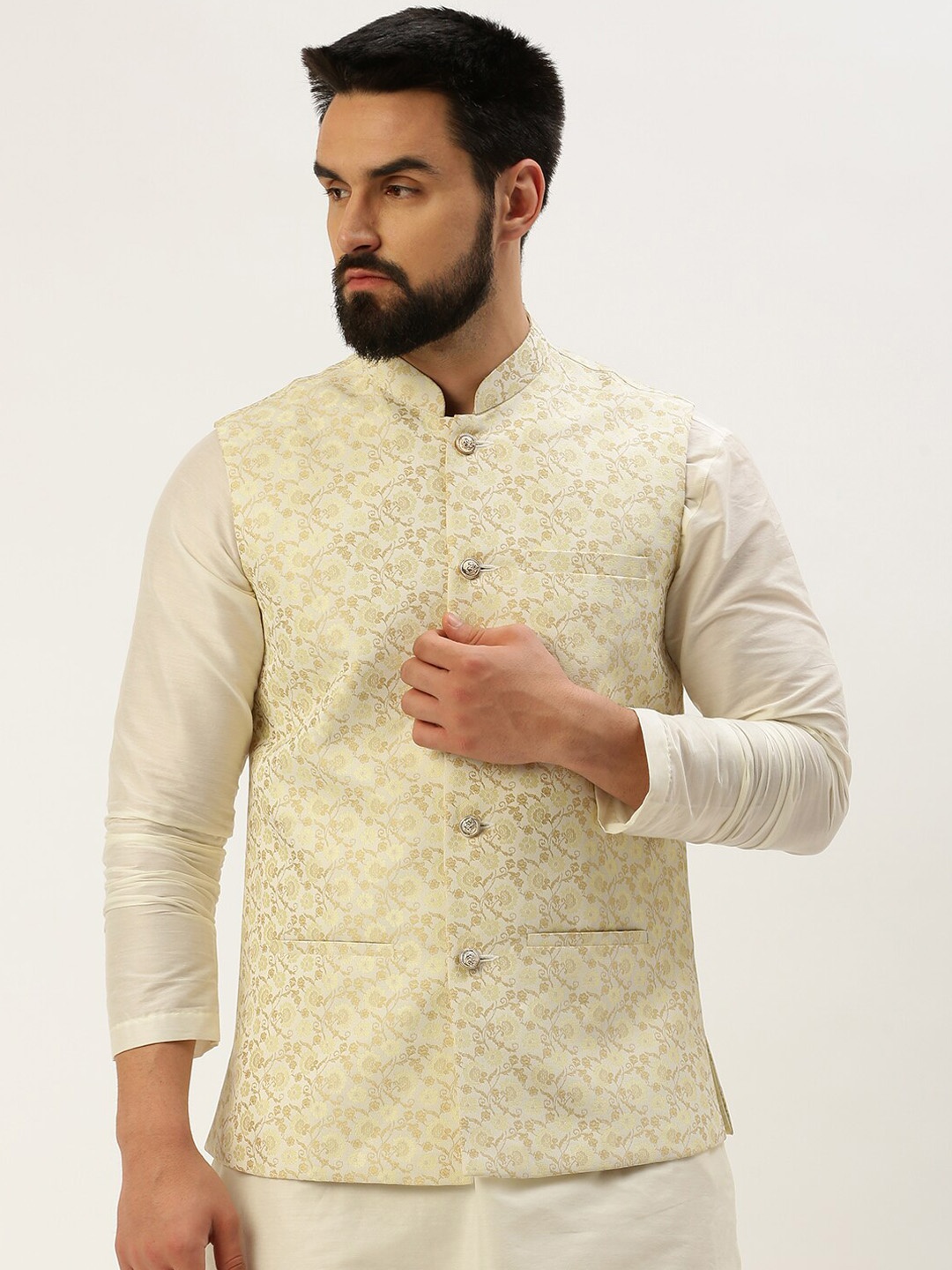 

SHOWOFF Ethnic Motif Woven Design Mandarin Collar Nehru Jackets, Cream