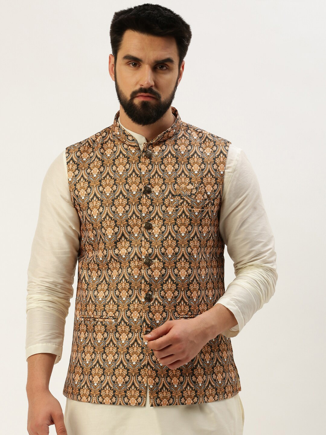 

SHOWOFF Ethnic Motif Printed Mandarin Collar Nehru Jackets, Mustard