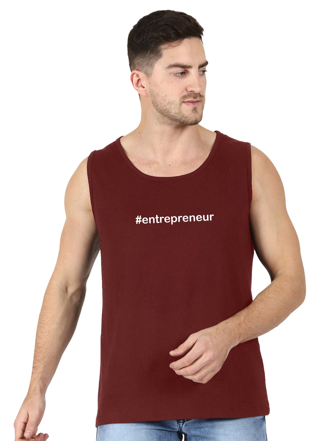 

T-SHIRT TRUCK Typography Printed Sleeveless Cotton T-shirt, Maroon