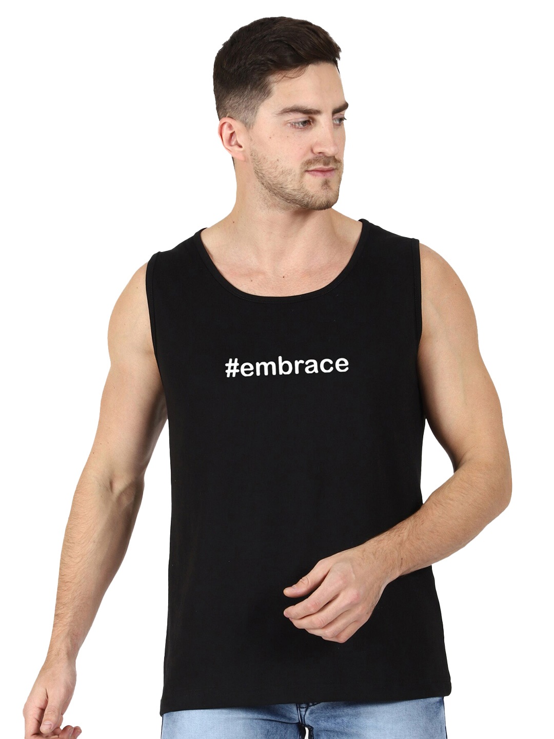 

T-SHIRT TRUCK Typography Printed Sleeveless Cotton T-shirt, Black
