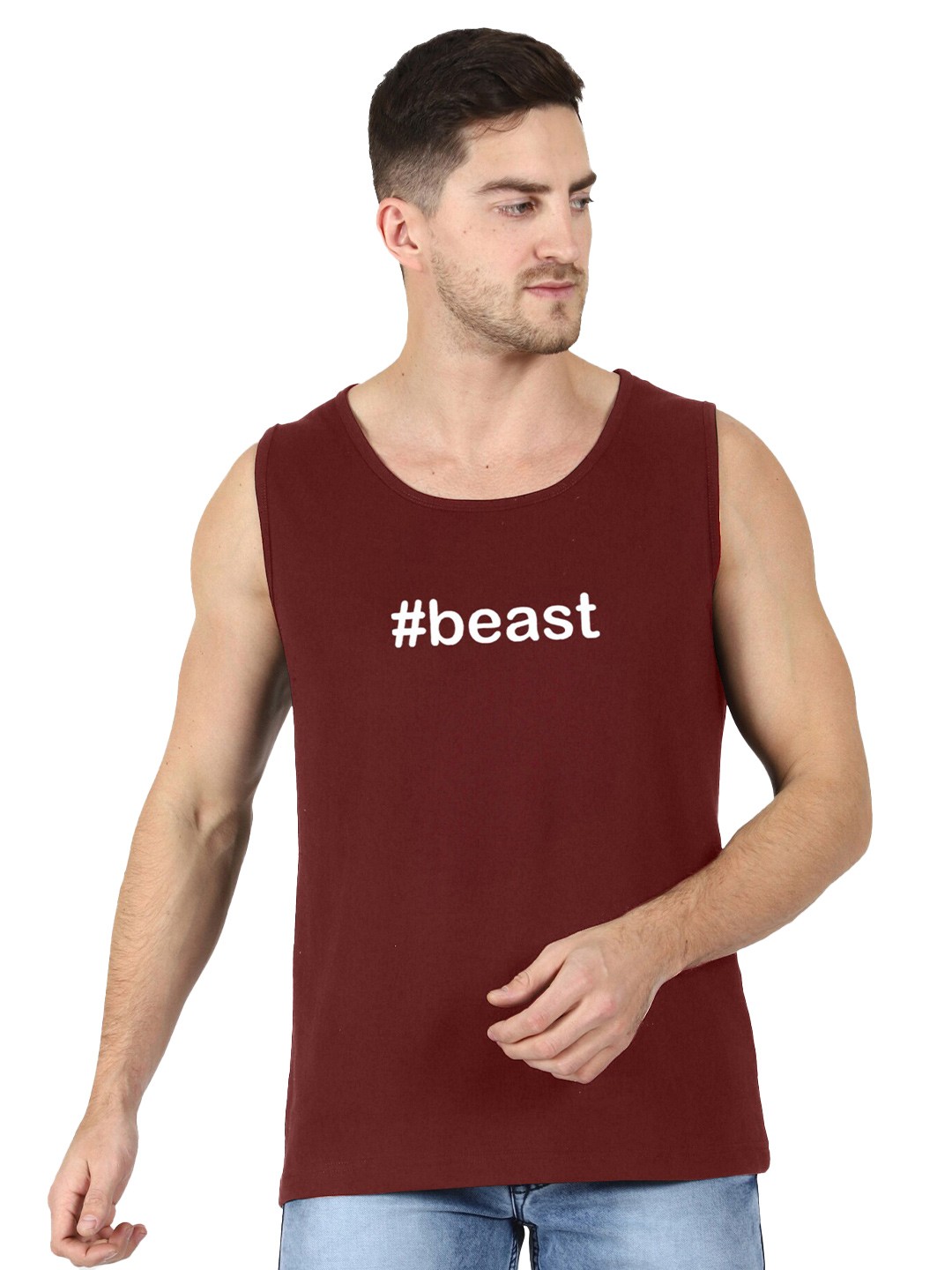 

T-SHIRT TRUCK Typography Printed Sleeveless Cotton Casual T-shirt, Maroon