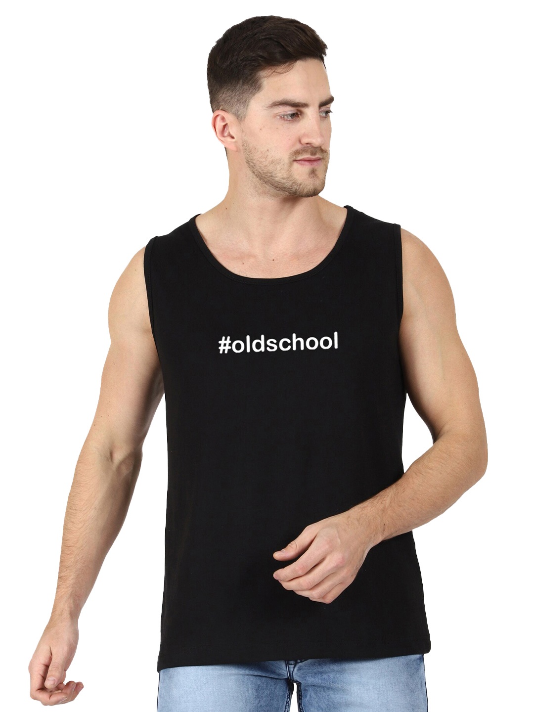 T-SHIRT TRUCK Typography Printed Sleeveless Cotton T-shirt, Black
