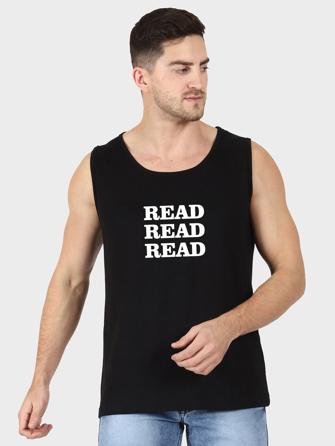 T-SHIRT TRUCK Typography Printed Sleeveless Cotton T-shirt, Black