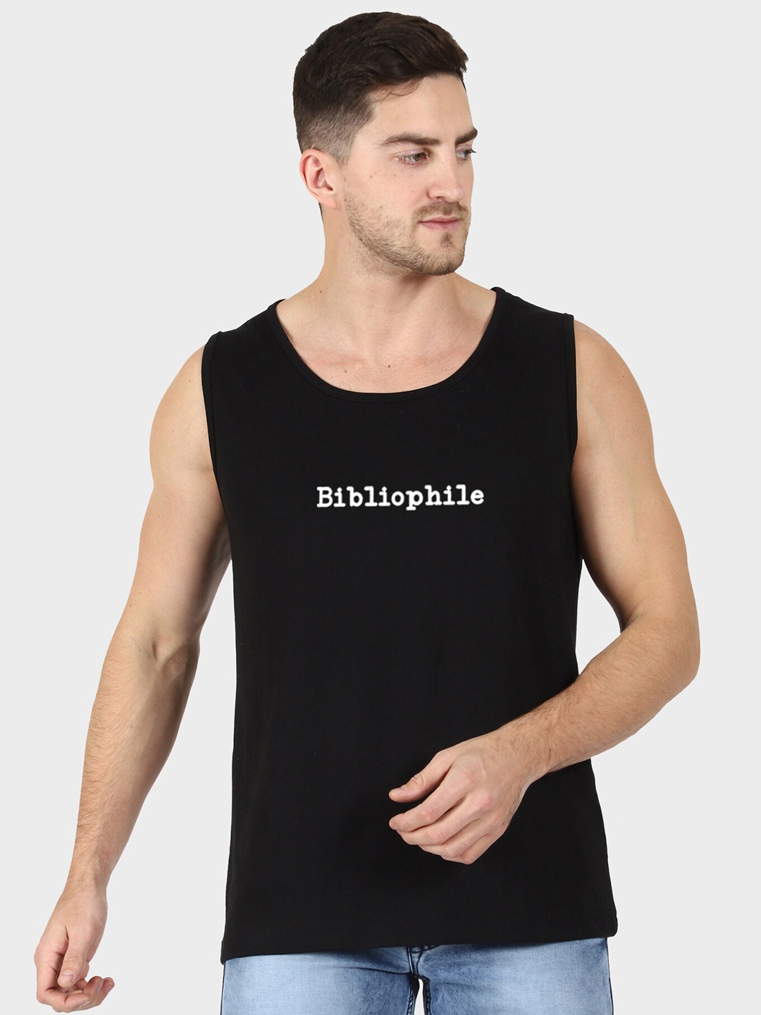 

T-SHIRT TRUCK Typography Printed Sleeveless Cotton T-shirt, Black