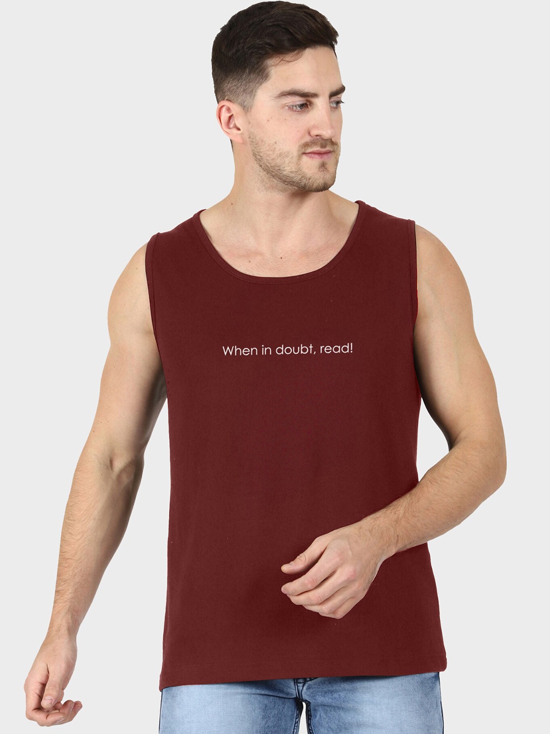 

T-SHIRT TRUCK Typography Printed Sleeveless Cotton T-shirt, Maroon