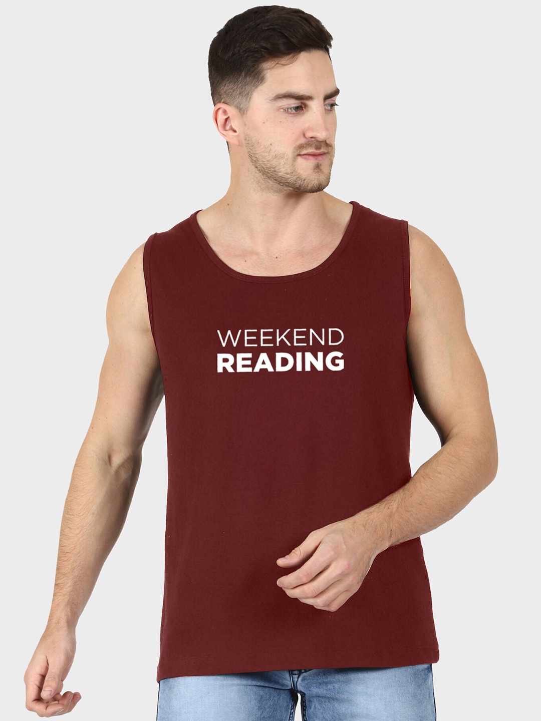 

T-SHIRT TRUCK Typography Printed Sleeveless Cotton T-shirt, Maroon