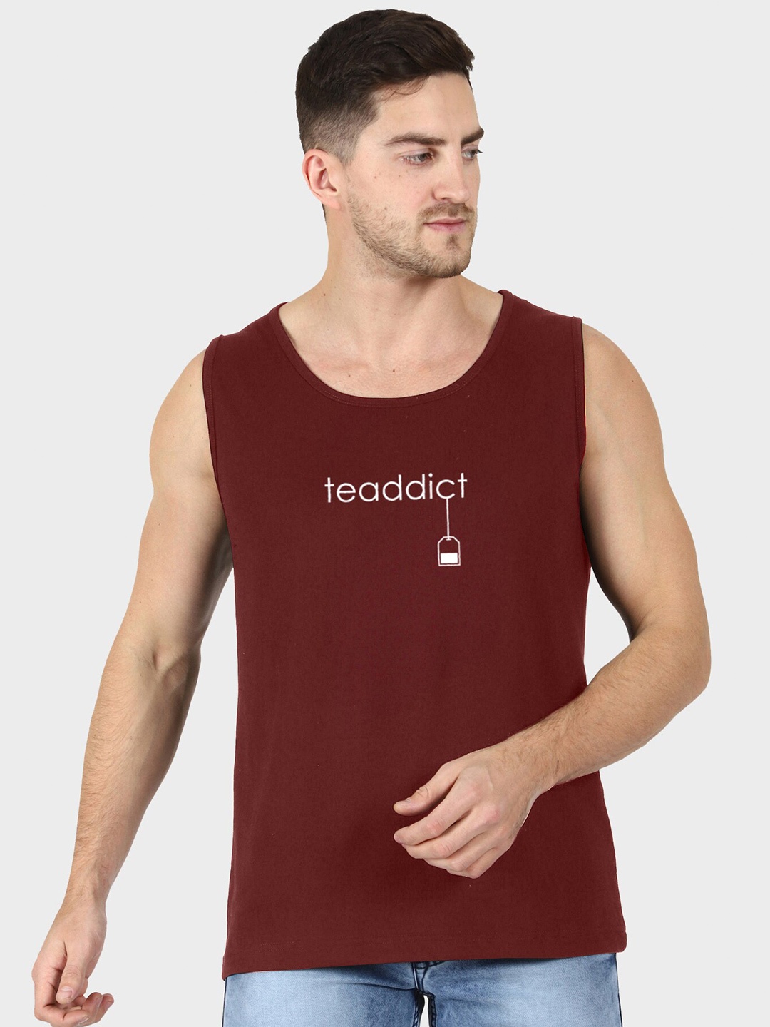 

T-SHIRT TRUCK Typography Printed Sleeveless Cotton T-shirt, Maroon