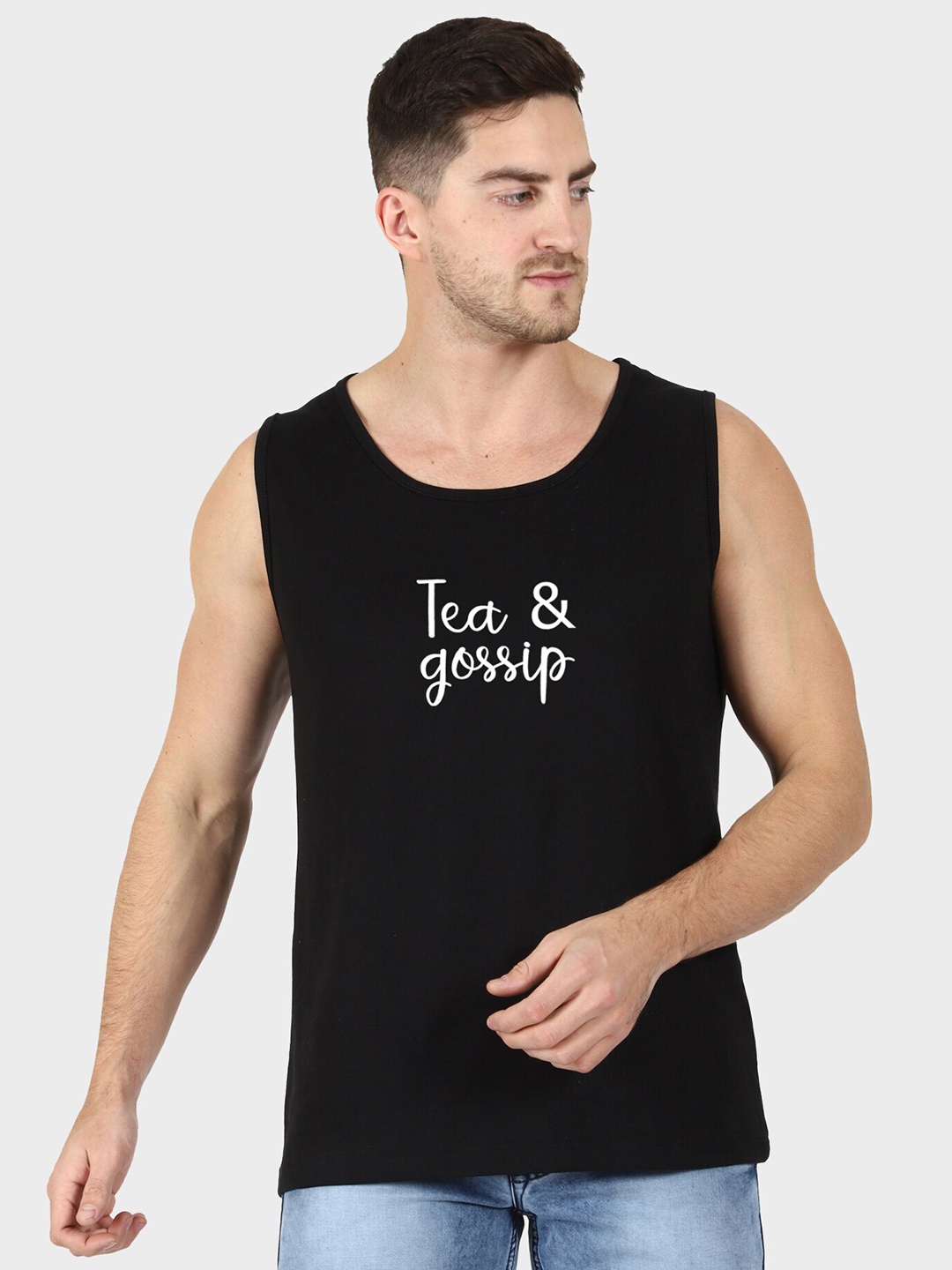 

T-SHIRT TRUCK Typography Printed Sleeveless Cotton T-shirt, Black