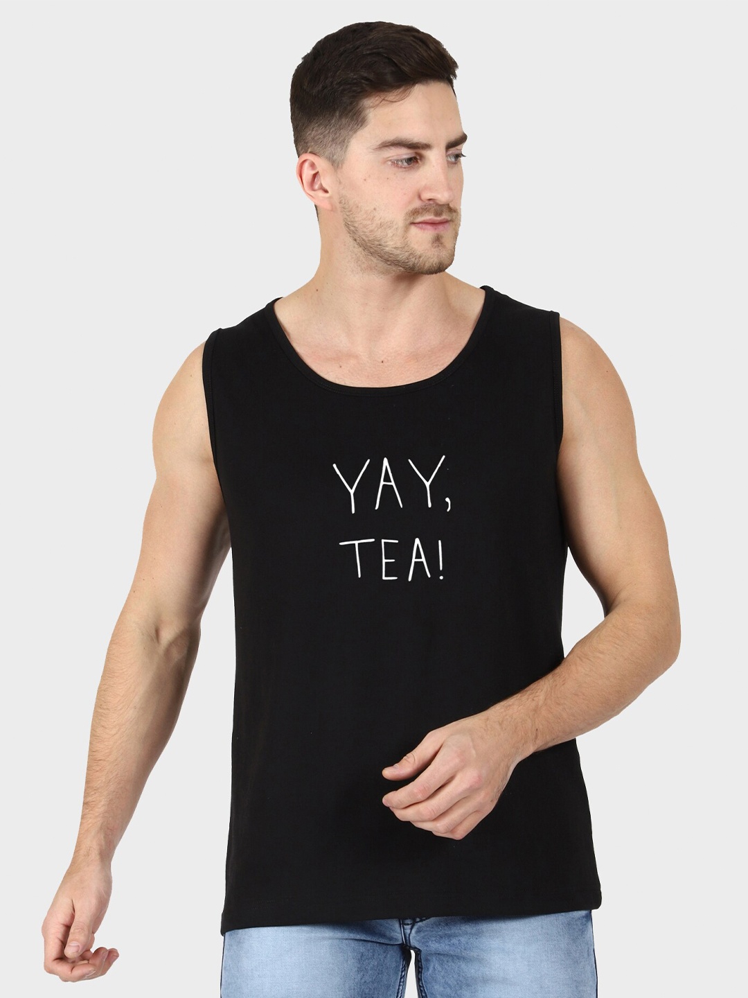 

T-SHIRT TRUCK Typography Printed Sleeveless Cotton T-shirt, Black