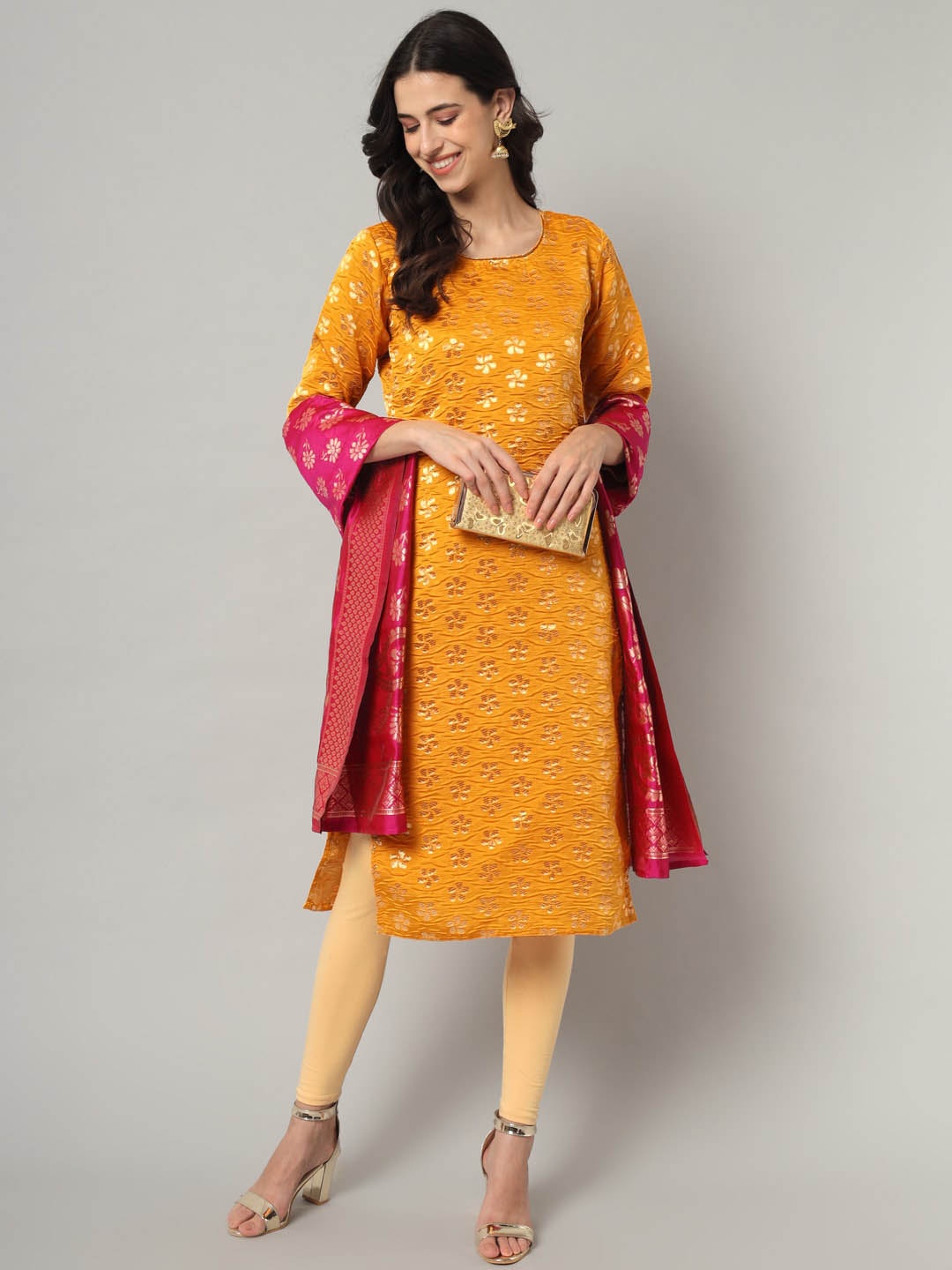 

KALINI Ethnic Motifs Woven Design Straight Cotton Silk Kurta & Dupatta, Mustard