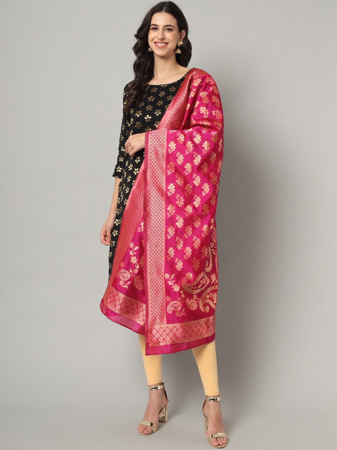 

KALINI Ethnic Motifs Woven Design Straight Cotton Silk Kurta & Dupatta, Black