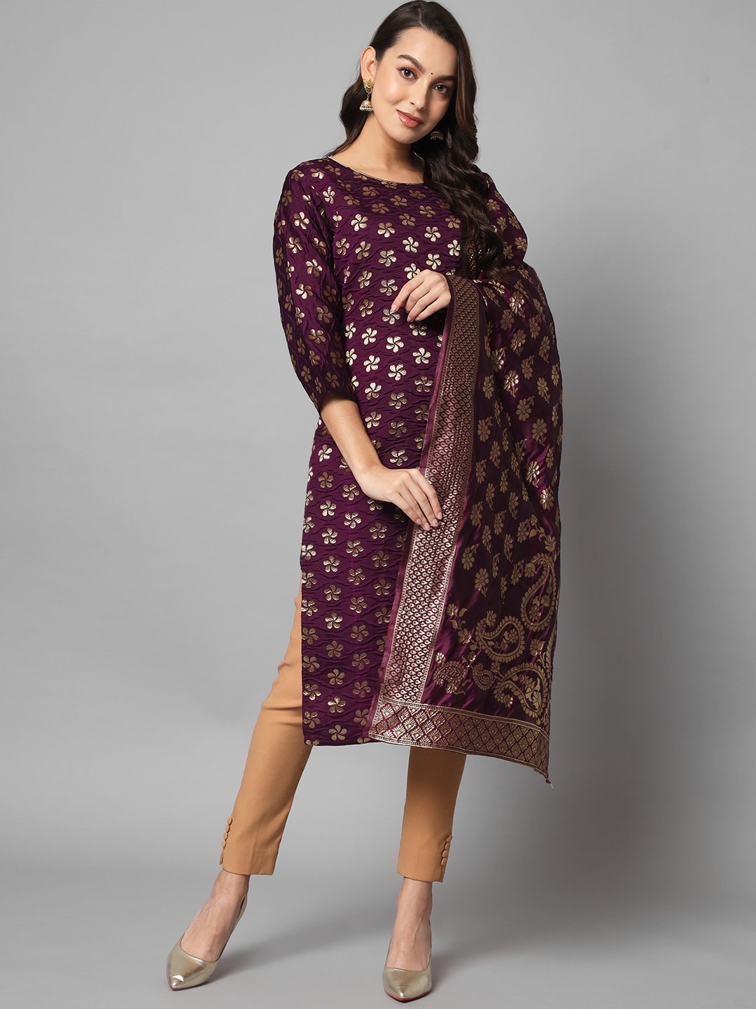 

KALINI Ethnic Motifs Woven Design Straight Cotton Silk Kurta & Dupatta, Purple