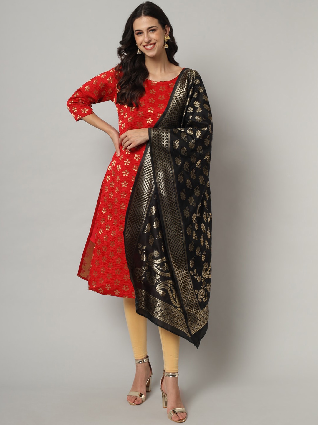 

KALINI Ethnic Motifs Woven Design Straight Cotton Silk Kurta & Dupatta, Red