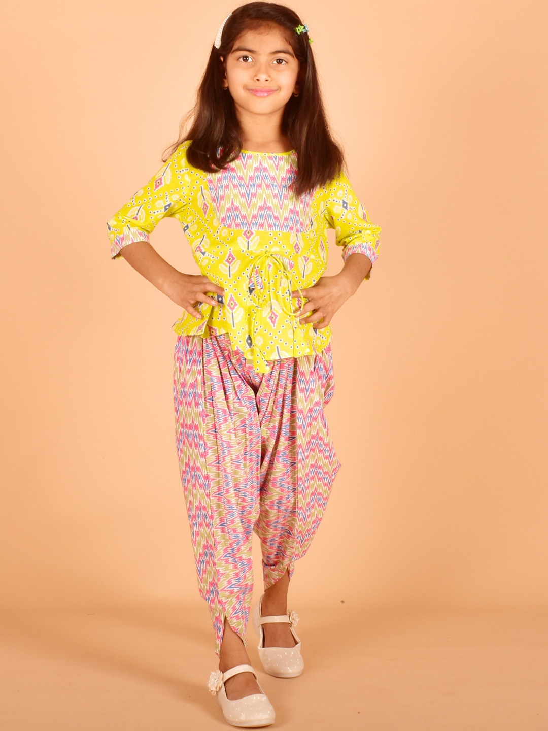 

misbis Girls Ethnic Motif Printed A-Line Pure Cotton Kurti With Dhoti Pants, Yellow