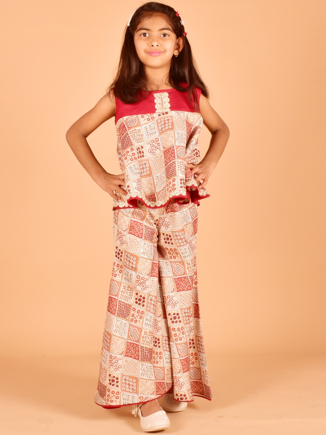 

misbis Girls Ethnic Motifs Printed Empire Top With Sharara, Beige