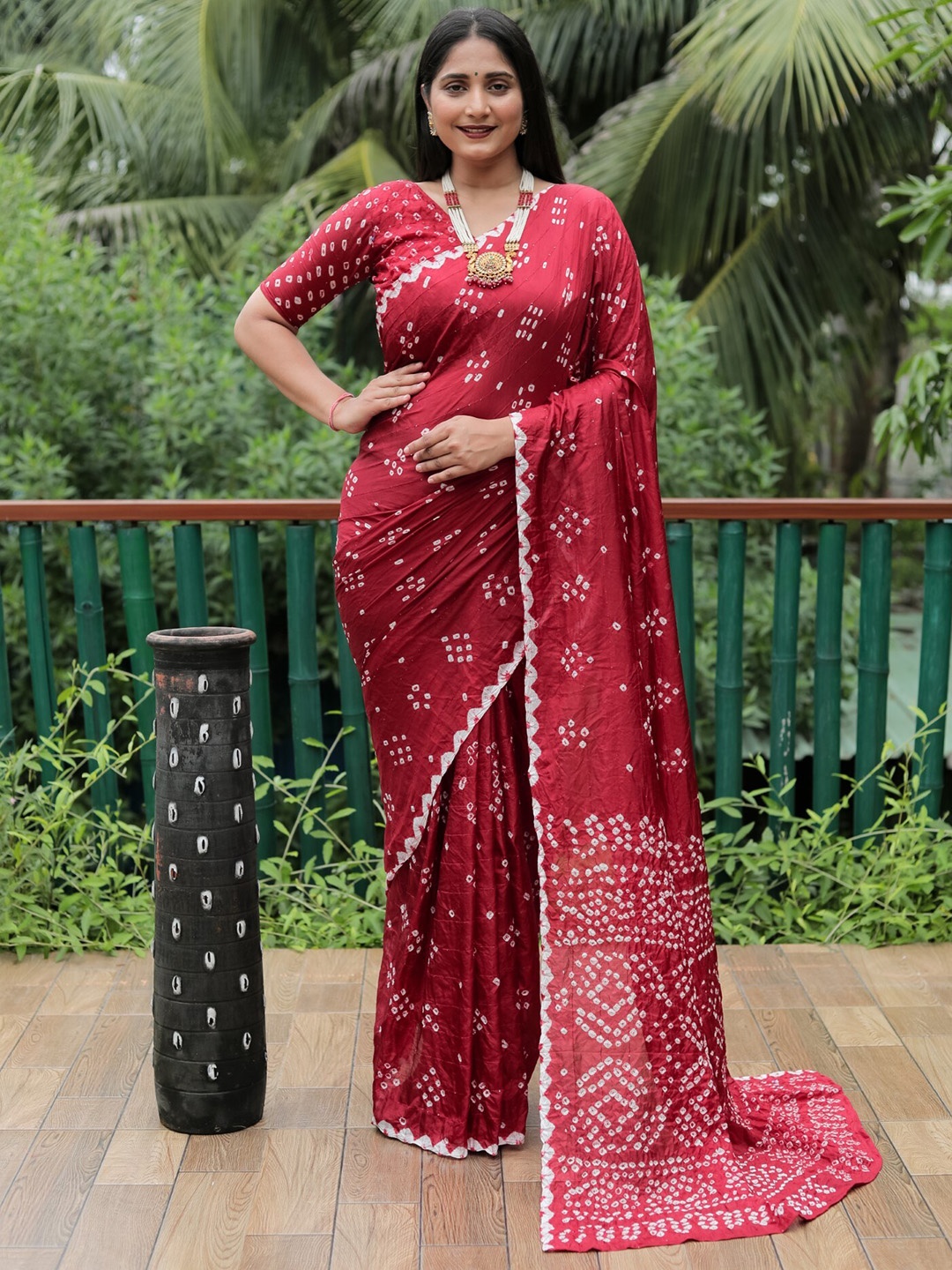 

Mitera Maroon & White Bandhani Printed Silk Saree