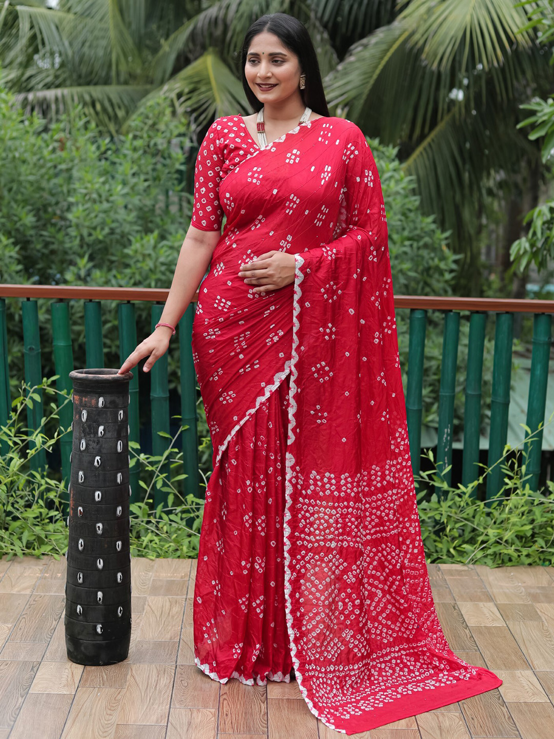 

Mitera Red & White Bandhani Printed Silk Saree