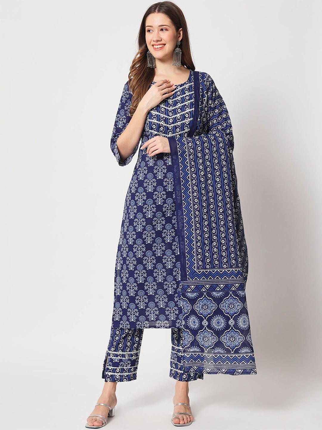 

ODETTE Floral Printed Notched Neck Gotta Patti Kurta With Trousers & Dupatta, Blue