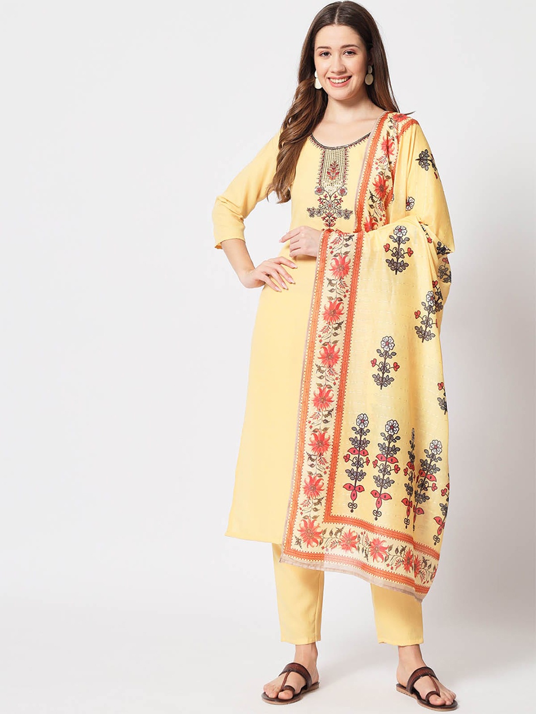 

ODETTE Ethnic Motifs Yoke Design Thread Work Kurta With Trousers & Dupatta, Yellow