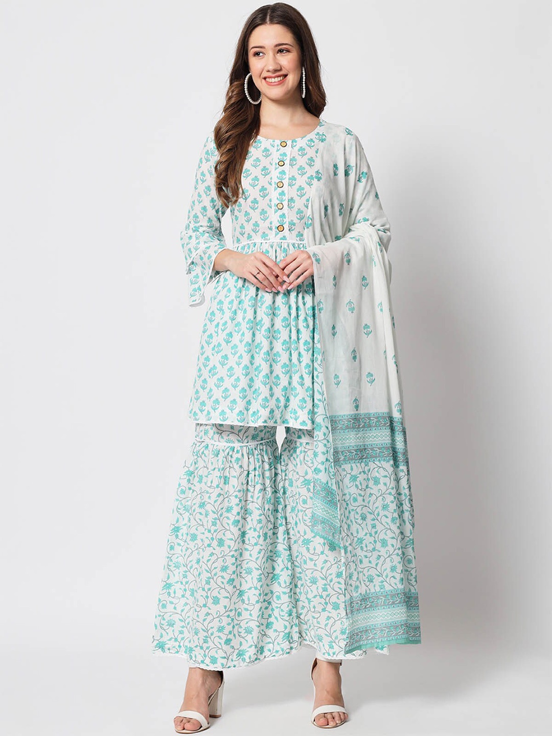 

ODETTE Floral Printed A-Line Kurta With Sharara & Dupatta, Blue