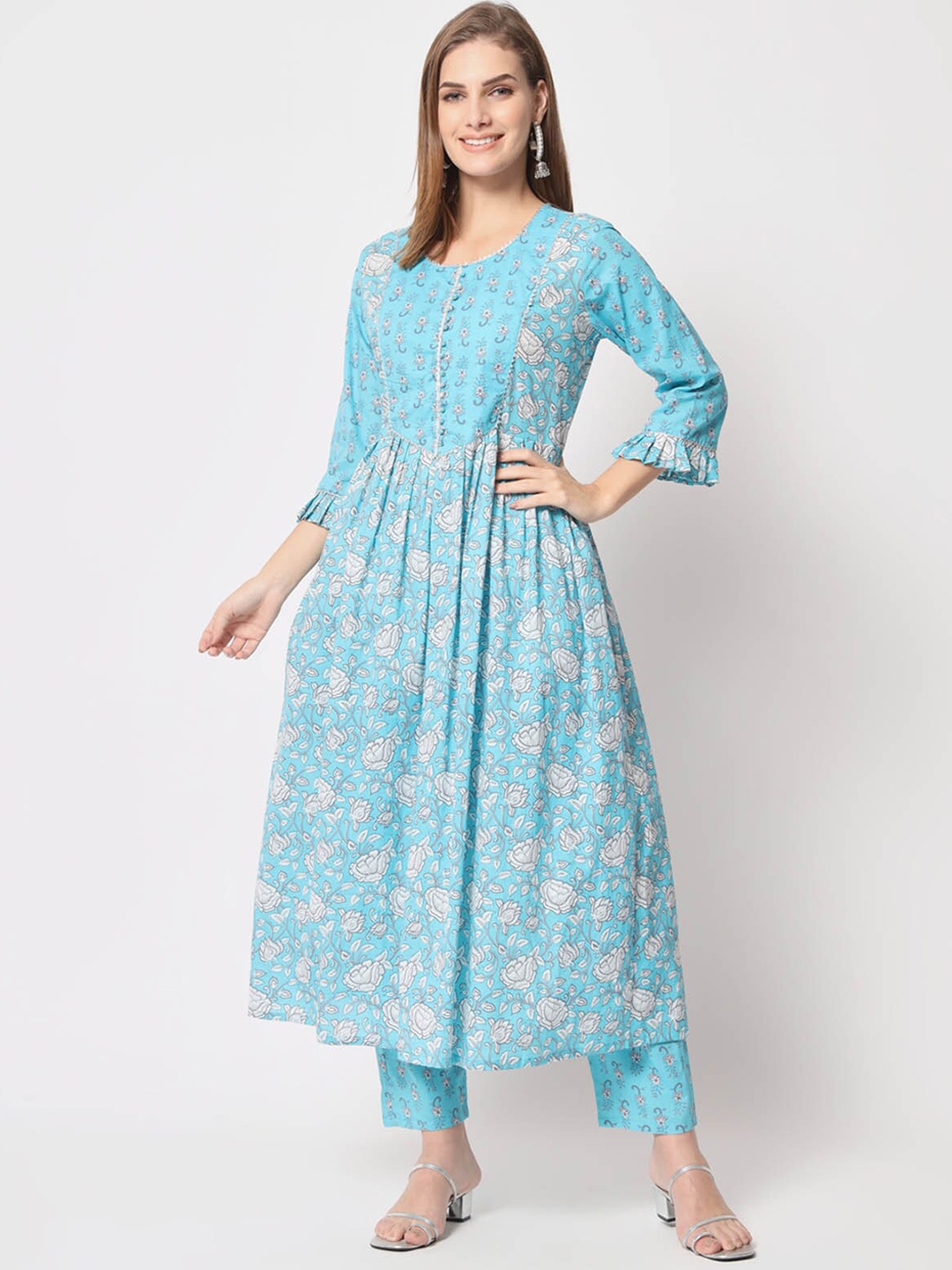 

ODETTE Floral Printed A-Line Pure Cotton Kurta With Trousers, Blue