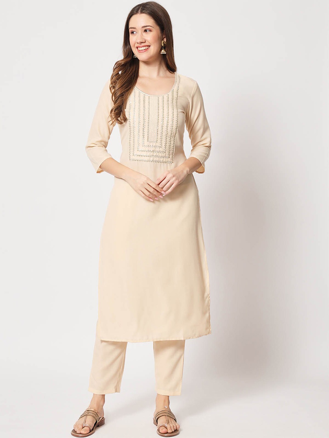 

ODETTE Geometric Yoke Design Kurta With Trousers & Dupatta, Beige