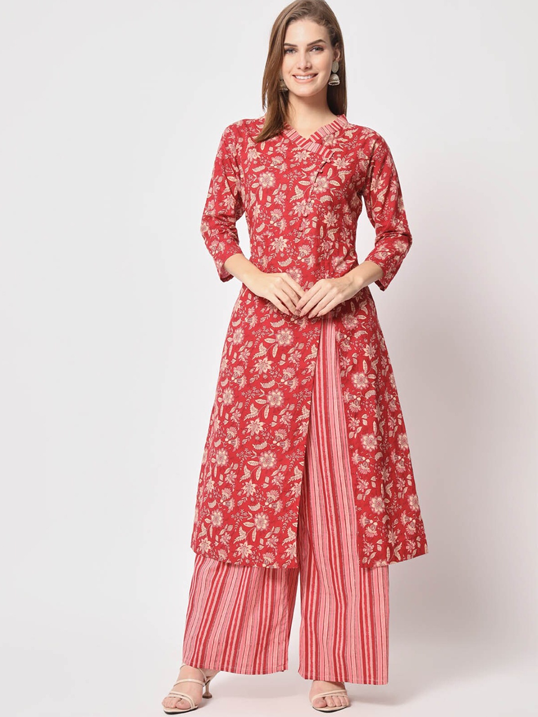 

ODETTE Floral Printed Regular Pure Cotton Kurta With Palazzos, Red